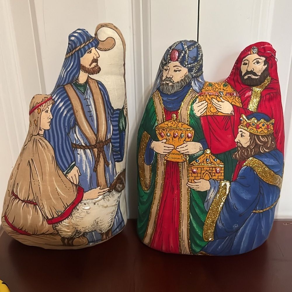 Vintage Nativity Plush Scene Shephards and The Three Kings Decorative Pillows